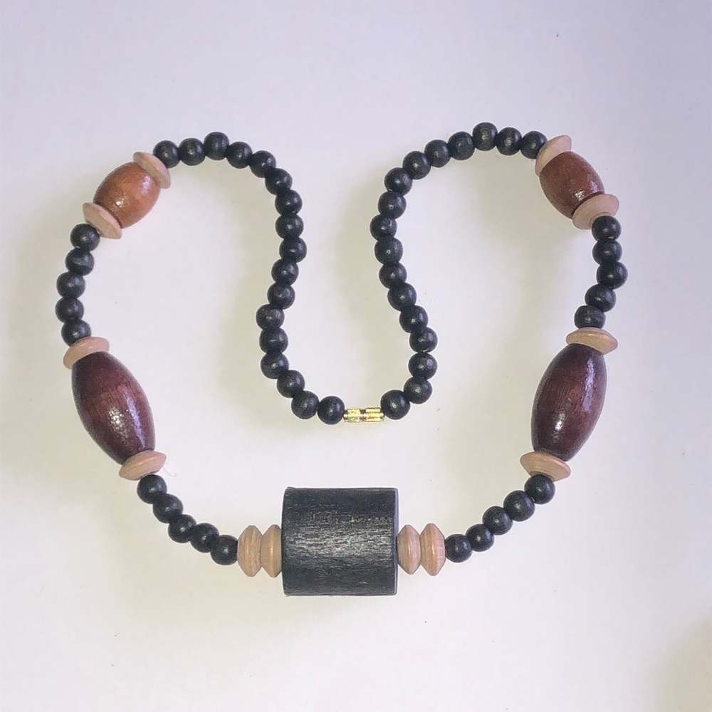 Vintage Wood Beaded Boho Statement Necklace - Black and Brown